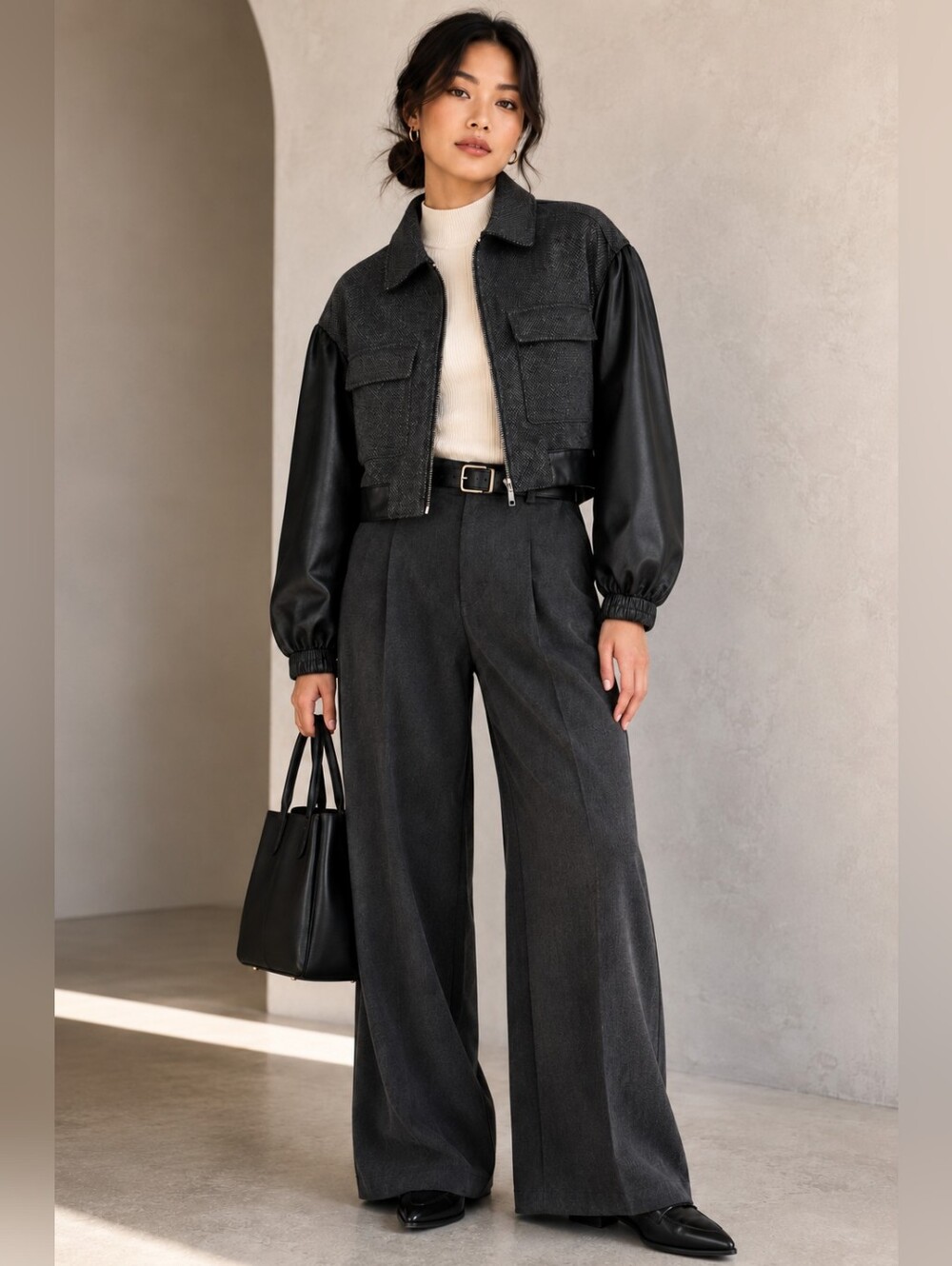 PROMESA CROPPED MOTO UTILITY JACKET FAUX LEATHER SLEEVES GRAY BLACK MEDIUM - Picture 2 of 11